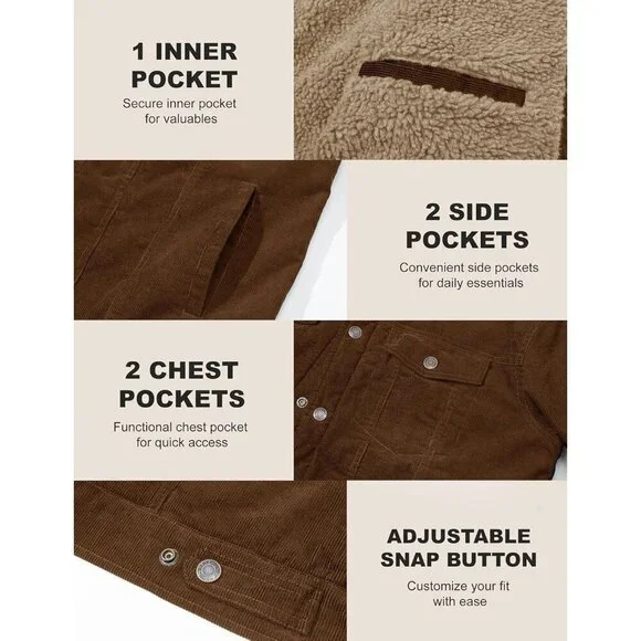 Mens Brown Corduroy Jacket Sherpa Lined Warm Winter Trucker Cargo Coat